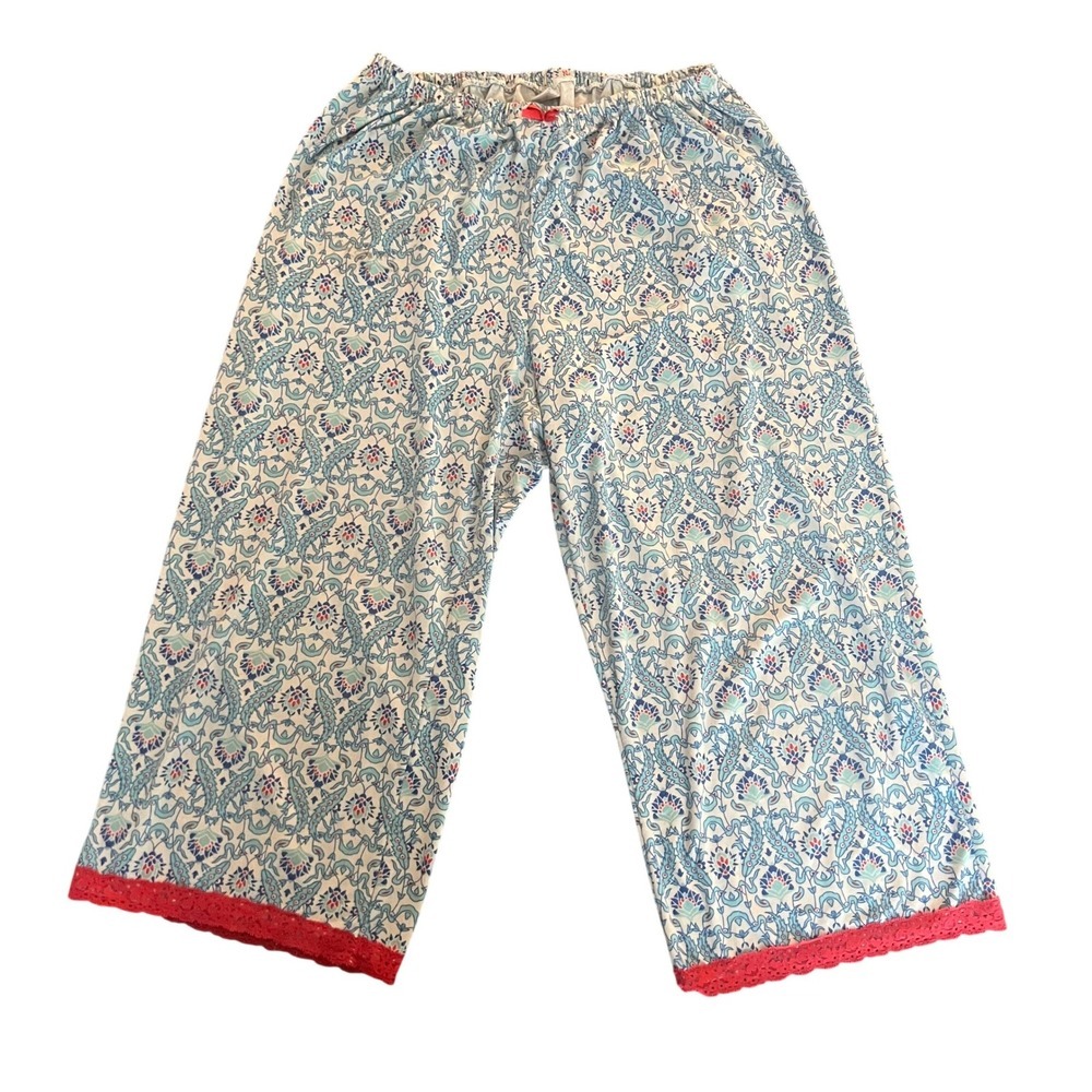 Blue Red Floral Damask Pajama Pants XL Lace Trim Lounge Crop Wide Leg RN 1194